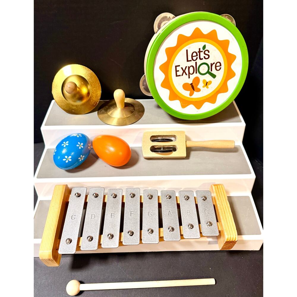 Kids play Wooden musical instruments mixed lot xylophone maracas cymbals & more